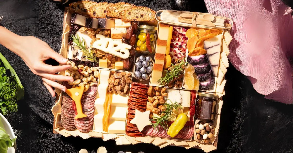 Charcuterie boards for parties featuring a festive 2025 cheese design, assorted meats, cheeses, nuts, fruits, and spreads.