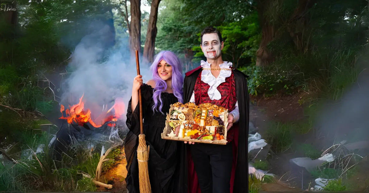 Halloween charcuterie board being held by a Witch and vampire costumed couple by a bonfire in the woods.