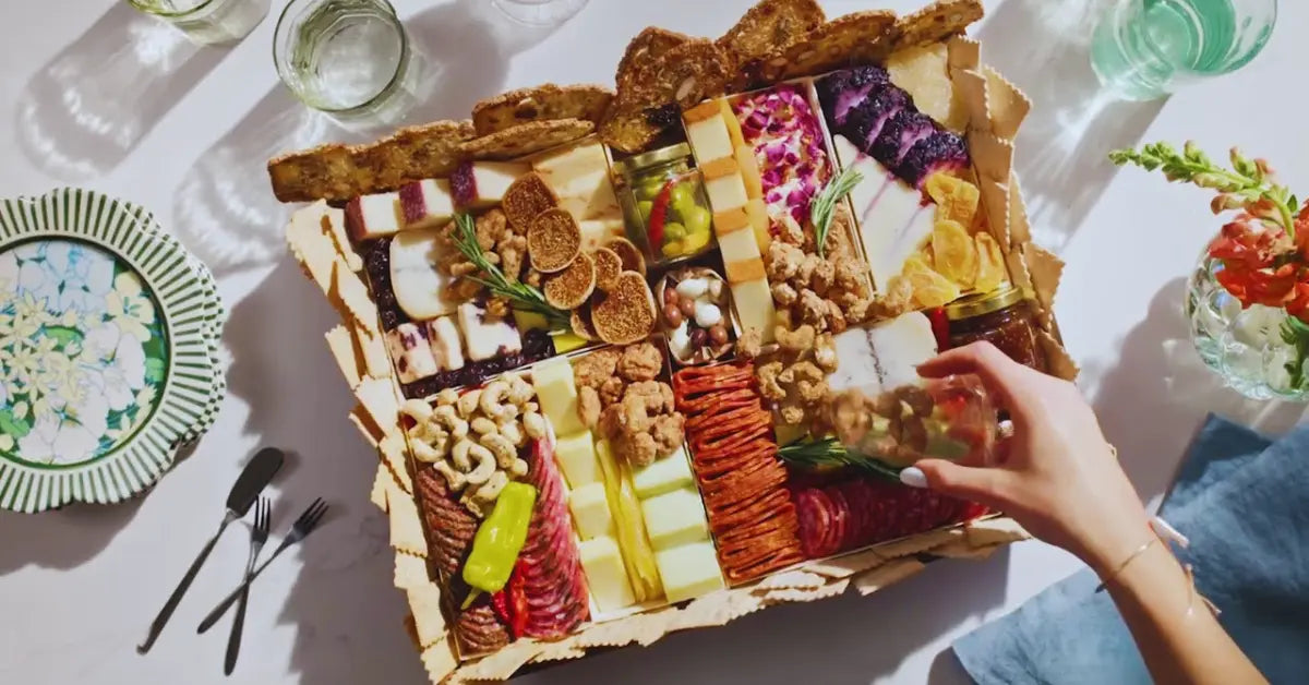  Affordable charcuterie box with assorted cheeses, meats, crackers, and nuts served on a bright casual table setup.