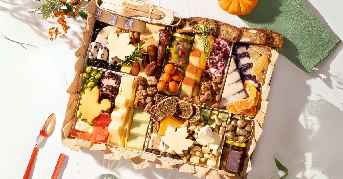 Artistic cheese board filled with gourmet cheeses, nuts, dried fruits, crackers, and decorative leaf-shaped cheese slices in a fall-inspired arrangement