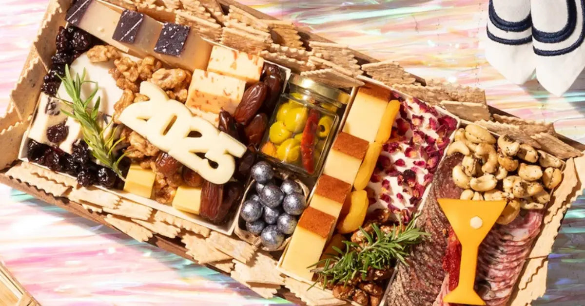 Festive cheese board with “2025” cutout, dates, olives, nuts, and artisan cheeses arranged with crackers and garnishes