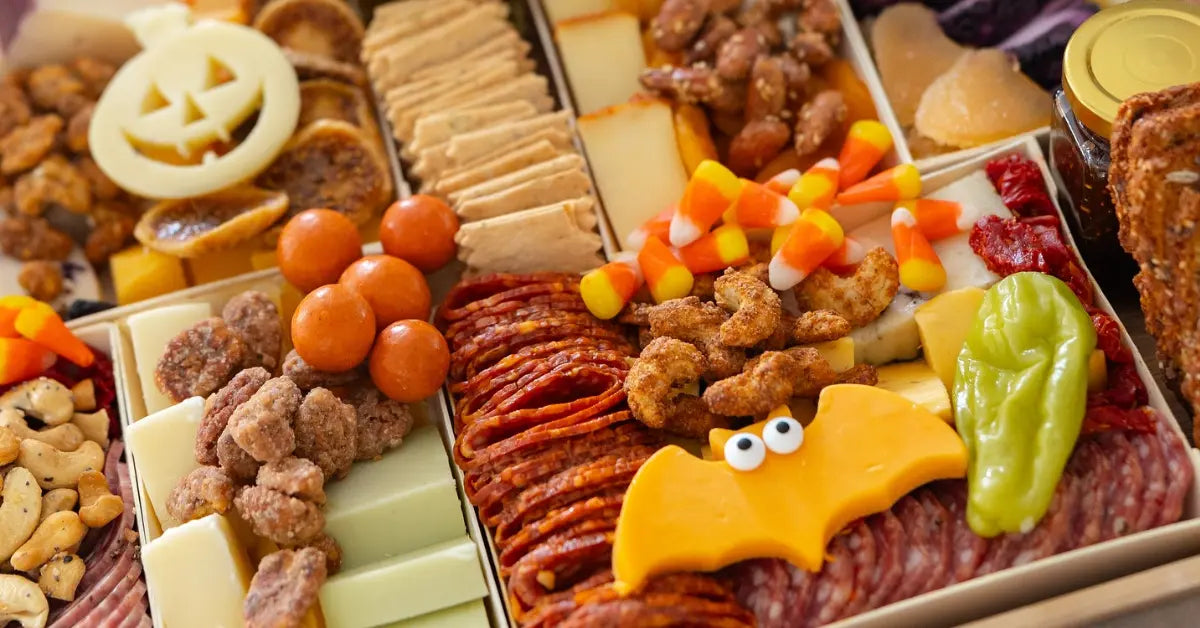 Halloween meat and cheese board with candy corn, cured meats, spooky cheese shapes, crackers, nuts, and festive garnishes