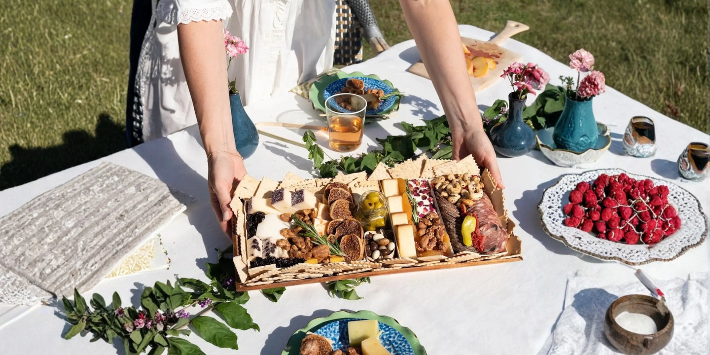 Charcuterie board with gourmet cheese, meats, figs, olives, and crackers hosted outdoors on a white linen-draped table with fresh flowers.