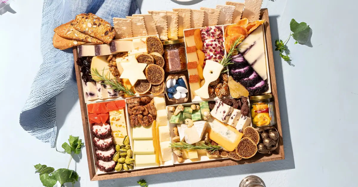Meatless charcuterie board filled with a variety of cheeses, dried fruits, nuts, and crackers arranged beautifully.