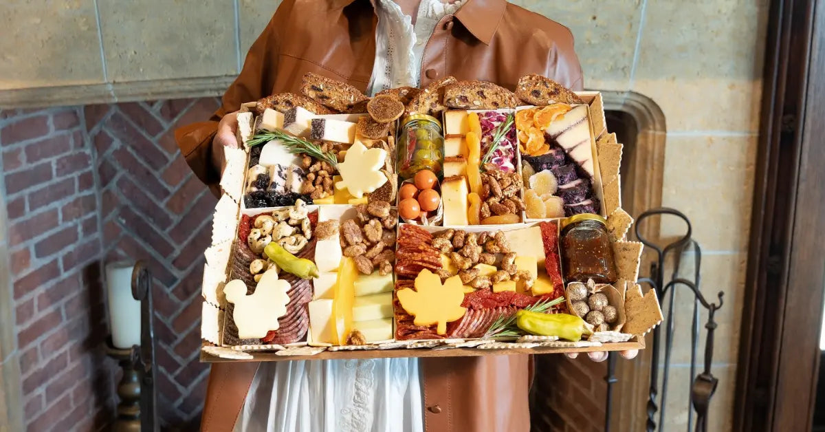 Modern charcuterie board with autumn-themed cheese cutouts, meats, nuts, and fruits held in front of a cozy fireplace.