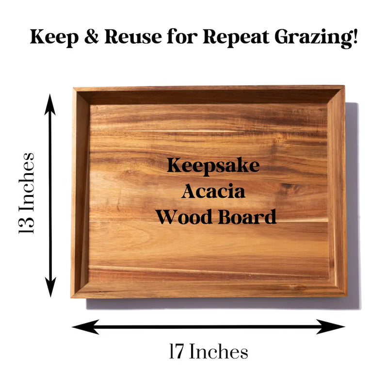 Keepsake acacia wood board measuring 17 by 13 inches, designed for repeat grazing and elegant serving.