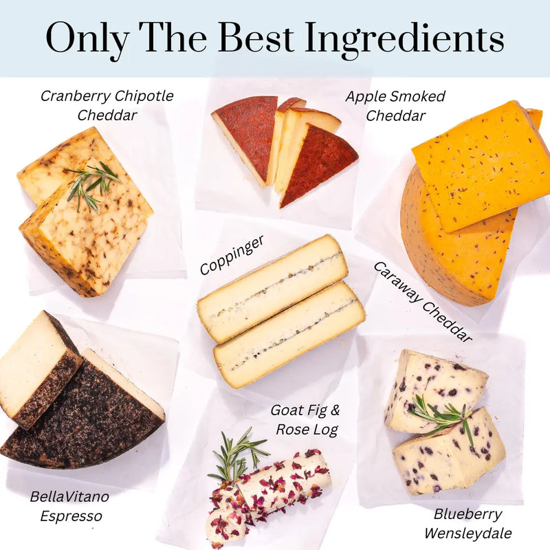 Assorted gourmet cheeses labeled with flavors like Cranberry Chipotle Cheddar, Apple Smoked Cheddar, and Blueberry Wensleydale.