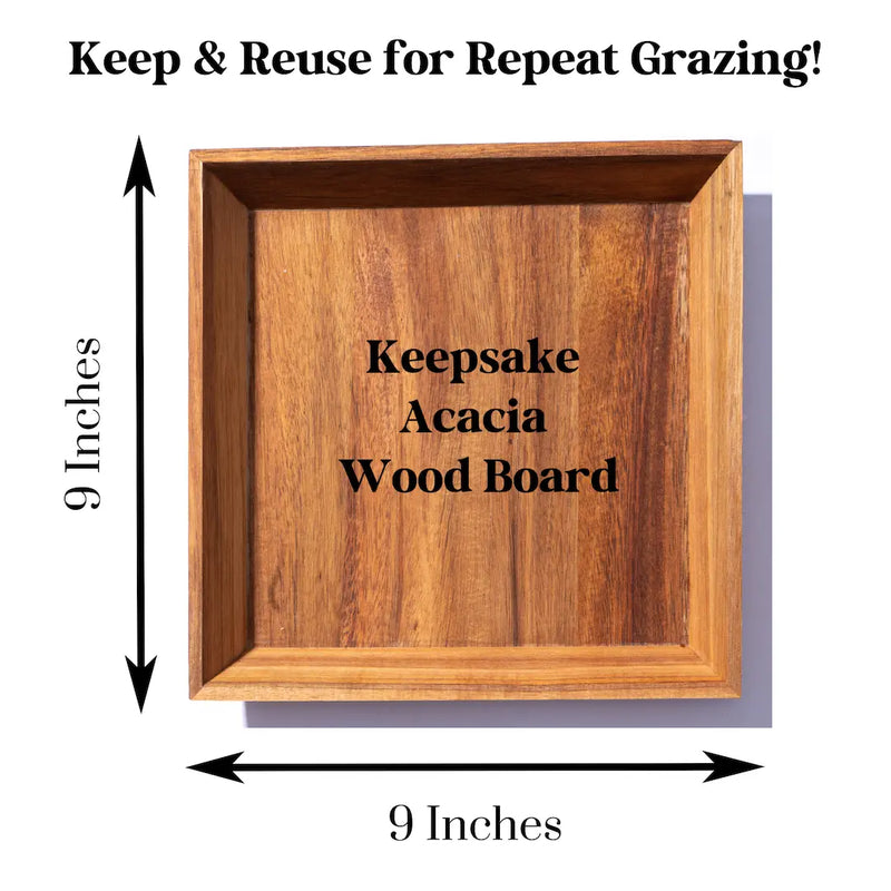 Keepsake Acacia wood board from Boarderie, measuring 9 x 9 inches, designed for reusable and repeat grazing.