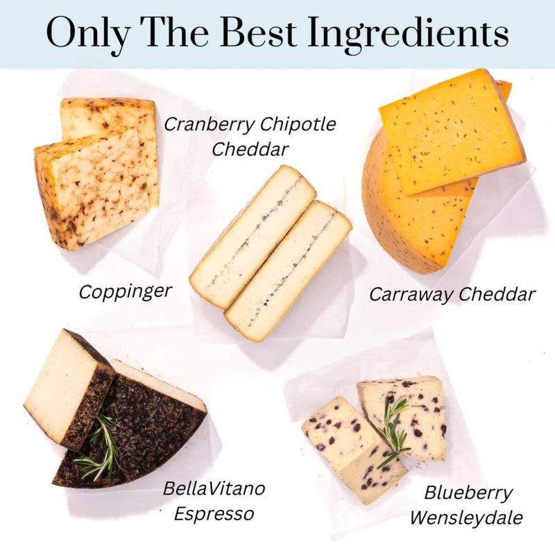 An assortment of gourmet cheeses including Cranberry Chipotle Cheddar, Caraway Cheddar, Coppinger, BellaVitano Espresso, & Blueberry Wensleydale