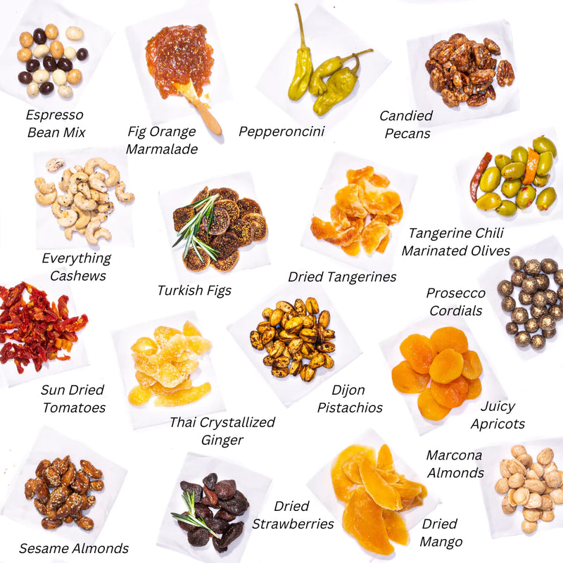 charcuterie snacks including sun-dried tomatoes, juicy apricots, & tangerine chili marinated olives, labeled on a white background