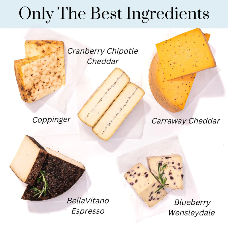 Selection of premium cheeses labeled as Cranberry Chipotle Cheddar, Coppinger, Caraway Cheddar, BellaVitano Espresso, and Blueberry Wensleydale.