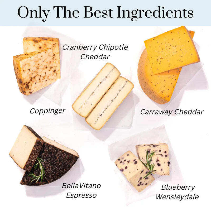 Assortment of gourmet cheeses labeled with names, including Cranberry Chipotle Cheddar, Coppinger, and Blueberry Wensleydale.