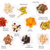 An assortment of gourmet snacks including everything cashews, pepperoncini, Turkish figs, tangerine chili marinated olives, juicy apricots, sun dried tomatoes, espresso bean mix, sesame almonds, dried strawberries, and Marcona almonds