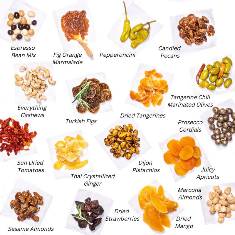 Selection of charcuterie items including sun-dried tomatoes, juicy apricots, & Marcona almonds, displayed on a white background