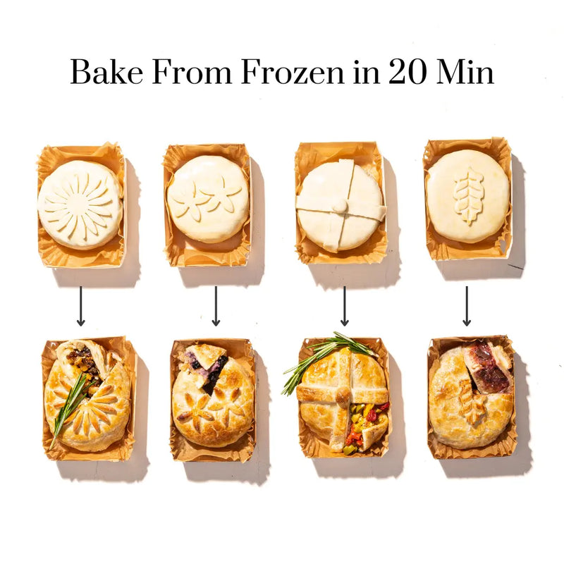 Bake-from-frozen artisan cheese pastries in decorative puff pastry, shown before & after baking with various fillings