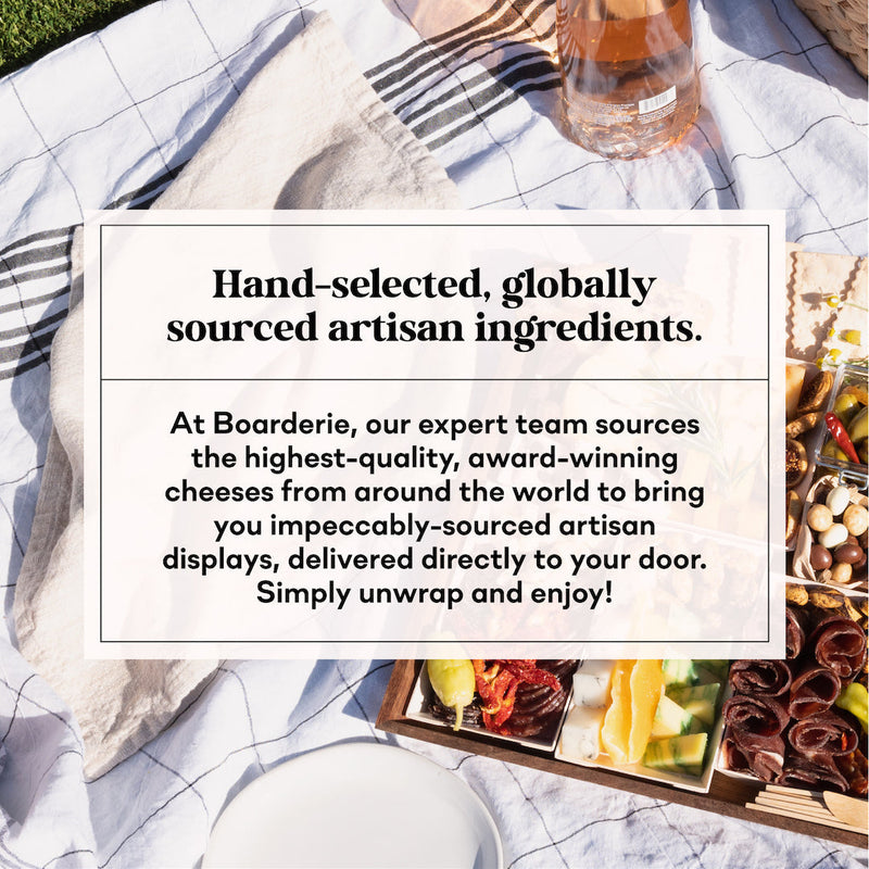 Boarderie announcement highlighting hand-selected, globally sourced artisan ingredients for their premium charcuterie boards, ready for delivery.