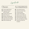 Ingredients list for the Birthday Classic cheese board: 8 artisan cheeses plus dried fruits, nuts, and chocolate truffles.