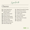 Ingredients list of 19 artisan cheeses including aged gouda, creamy brie, and truffle gouda on this cheese board.