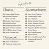 Birthday charcuterie board ingredients list: 8 cheeses, 2 charcuterie meats, and 11 accompaniments including chocolate.
