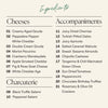 A clean, digital food planning chart titled 'Ingredientes' on a light beige background. The chart lists twenty-one cheese options under 'Cheeses', twelve appetizer accompaniments under 'Accompaniments', and six charcuterie options under 'Charcuterie' in black text with a green script title.
