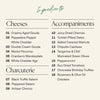An ingredients list graphic for the birthday Boarderie cheese & charcuterie board, featuring categories for Cheeses, Accompaniments, and Charcuterie on a light beige background with a teal 'Ingredients' header.
