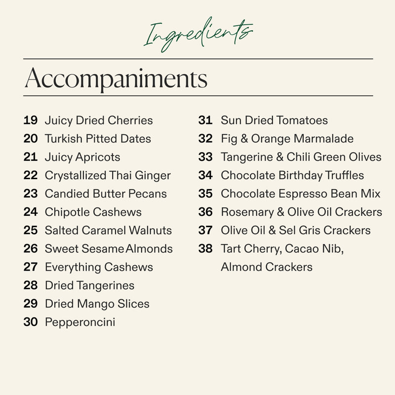 Birthday charcuterie board accompaniments list: dried fruits, nuts, olives, chocolates, and crackers, numbered 19 to 38.