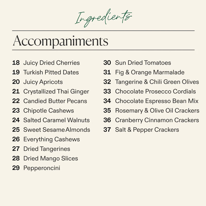 Ingredient list for large cheese and charcuterie board showing twenty accompaniments including dried fruits, nuts, olives, marmalades, chocolates, and specialty crackers.
