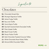 Ingredient list for the Boarderie Classic Dessert Board listing the types of chocolates included like the “Chocolate Smash Box” and “Pecan Praline Truffle” 