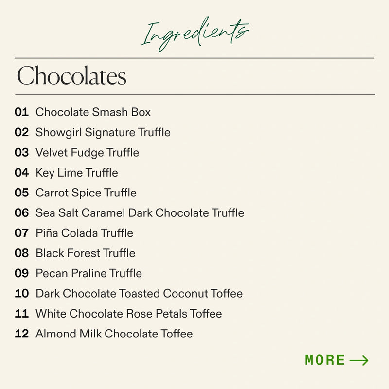 Ingredient list for the Boarderie Classic Dessert Board listing the types of chocolates included like the “Chocolate Smash Box” and “Pecan Praline Truffle” 