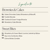 Ingredient list for the Boarderie Classic Dessert Board listing the types of Sweet Bites and Brownies & Cakes included like the “Creme Brûlée Cordials ” and “Funfetti Blondie” 