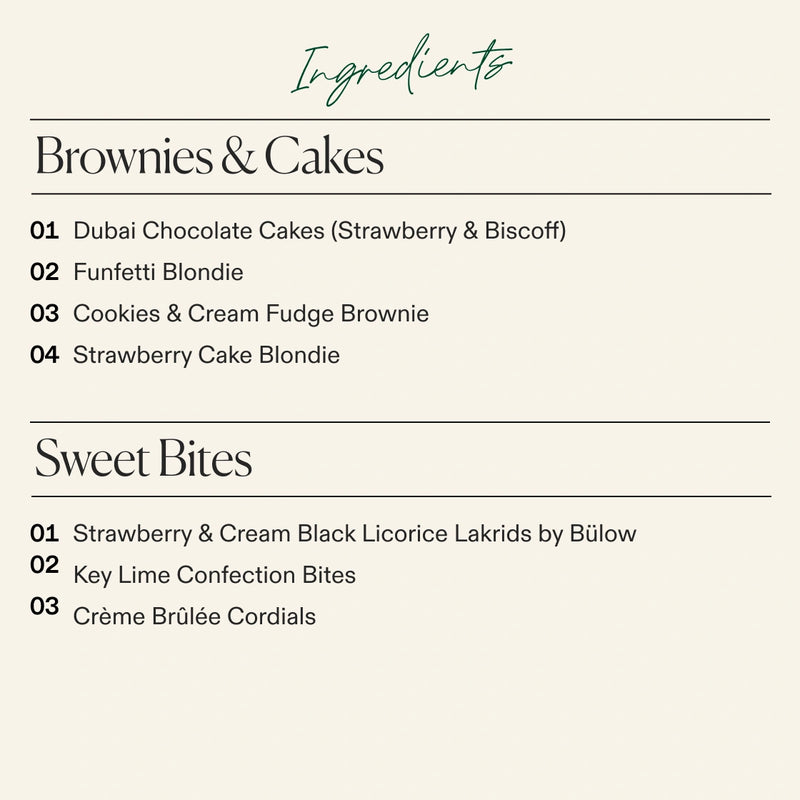 Ingredient list for the Boarderie Classic Dessert Board listing the types of Sweet Bites and Brownies & Cakes included like the “Creme Brûlée Cordials ” and “Funfetti Blondie” 