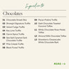 Ingredient list for the Boarderie Large Dessert Board listing the types of chocolates included like the “Chocolate Smash Box” and “Pecan Praline Truffle” 