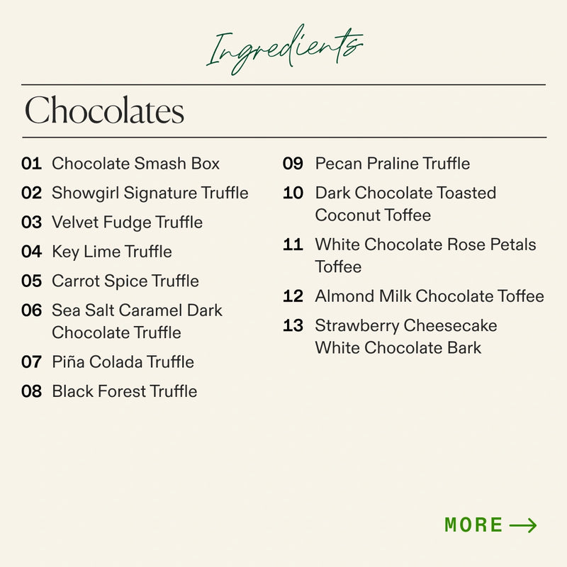 Ingredient list for the Boarderie Large Dessert Board listing the types of chocolates included like the “Chocolate Smash Box” and “Pecan Praline Truffle” 