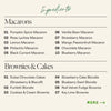 Ingredient list for the Boarderie Large Dessert Board listing the types of Macarons and Brownies & Cakes included like the “Strawberry Macaron” and “Funfetti Blondie” 