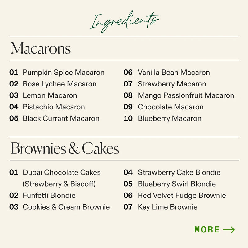 Ingredient list for the Boarderie Large Dessert Board listing the types of Macarons and Brownies & Cakes included like the “Strawberry Macaron” and “Funfetti Blondie” 