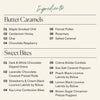 Ingredient list for the Boarderie Large Dessert Board listing the types of Butter Caramels and Sweet Bites included like the “Cardamom Honey Caramel” and “Creme Brûlée Cordials” 