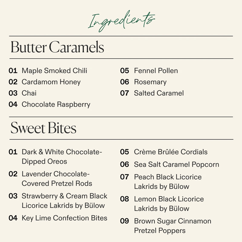Ingredient list for the Boarderie Large Dessert Board listing the types of Butter Caramels and Sweet Bites included like the “Cardamom Honey Caramel” and “Creme Brûlée Cordials” 