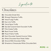 Ingredient list for the Boarderie Medium Dessert Board listing the types of chocolates included like the “Chocolate Smash Box” and “Pecan Praline Truffle” 