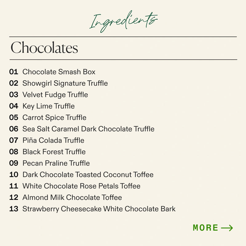 Ingredient list for the Boarderie Medium Dessert Board listing the types of chocolates included like the “Chocolate Smash Box” and “Pecan Praline Truffle” 