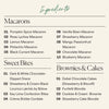 Ingredient list for the Boarderie Medium Dessert Board listing the types of Macarons, Sweet Bites, and Brownies & Cakes included like the “Rose Lychee Macaron” and “Funfetti Blondie”