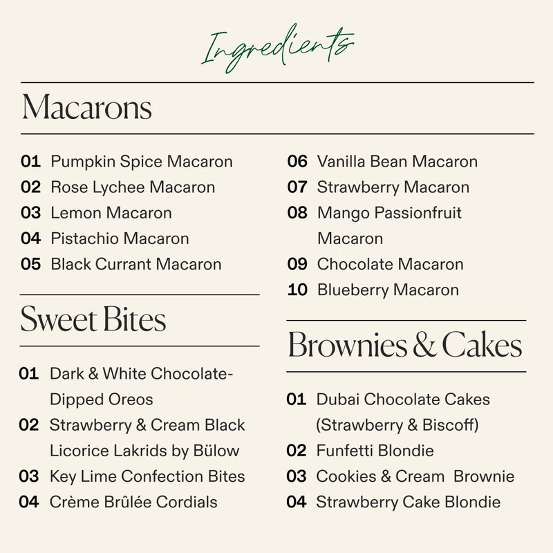 Ingredient list for the Boarderie Medium Dessert Board listing the types of Macarons, Sweet Bites, and Brownies & Cakes included like the “Rose Lychee Macaron” and “Funfetti Blondie”