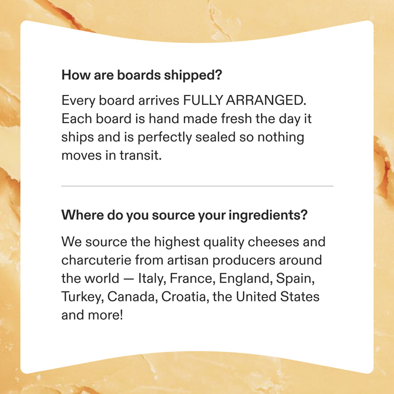 FAQ section displaying information about board shipping and ingredient sourcing from artisan producers worldwide on a cheese background.