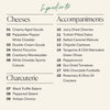 An ingredients list graphic on a warm off-white background, with the heading 'Ingredients' in teal script. The layout is divided into sections for 'Cheeses,' 'Accompaniments,' and 'Charcuterie,' listing specific food items in numbered order.