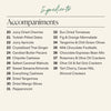 A beige ingredient list graphic titled 'Ingredients' with the heading 'Accompaniments' and a numbered list of 31 suggested accompaniments in black text, with 'Ingredients' in teal script at the top.