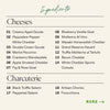 An ingredients list graphic for a food product, showing categories 'Cheeses' and 'Charcuterie' with numbered items such as Gouda, Pepper Jack, Cheddar, salami, and various charcuterie cuts. The layout is on a warm cream background with teal and black text, plus a green 'MORE ->' link.