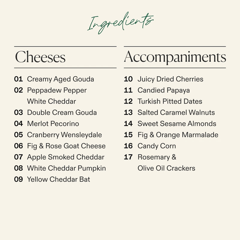 An ingredients list graphic with two columns titled 'Cheeses' and 'Accompaniments' on a light beige background. The cheeses listed include creamy aged gouda, peppadew pepper white cheddar, double cream gouda, merlot pecorino, cranberry wensleydale, apple smoked cheddar, white cheddar pumpkin, yellow cheddar bat, candied papaya, sweet sesame almonds, Turkish pitted dates, fig and orange marmalade, candy corn, and rosemary & olive oil crackers.