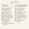 A clean ingredient list graphic on a light beige background with the heading 'Ingredientes' in teal script. The left column is labeled 'Cheeses' and lists 10 cheese options, while the right column is labeled 'Accompaniments' and lists 20 accompaniment options in black text.