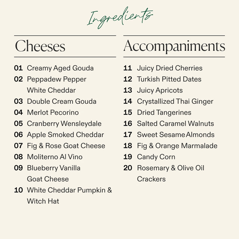A clean ingredient list graphic on a light beige background with the heading 'Ingredientes' in teal script. The left column is labeled 'Cheeses' and lists 10 cheese options, while the right column is labeled 'Accompaniments' and lists 20 accompaniment options in black text.