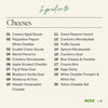 An ingredients list for cheeses on a light beige background, with the heading 'Ingredients' and a subheading 'Cheeses'. The list is numbered 01 to 20 with various cheddar, gouda, brie, and cranberry cheese varieties.