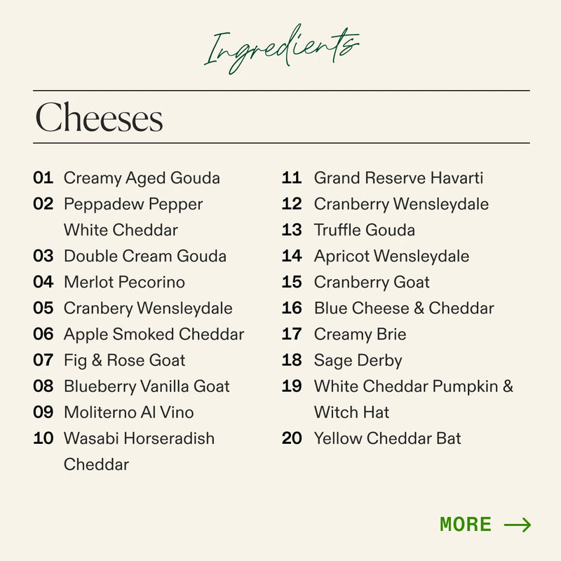 An ingredients list for cheeses on a light beige background, with the heading 'Ingredients' and a subheading 'Cheeses'. The list is numbered 01 to 20 with various cheddar, gouda, brie, and cranberry cheese varieties.